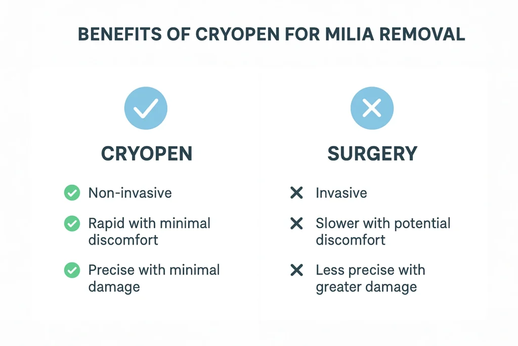 Benefits of cryopen for milia removal Walton-on-Thames compared to surgical treatments.