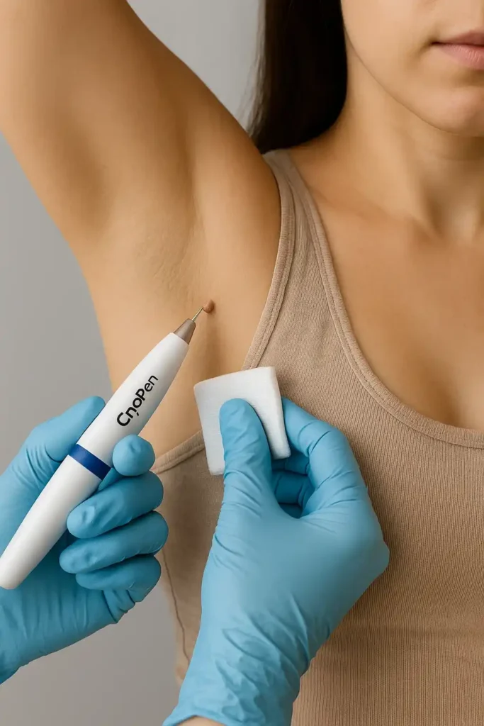 woman having cryopen to remove underarm skin tags Walton-on-Thames