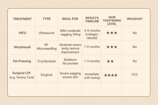 Table showing the comparisons of Skin tightening Walton-on-Thames treatment options.